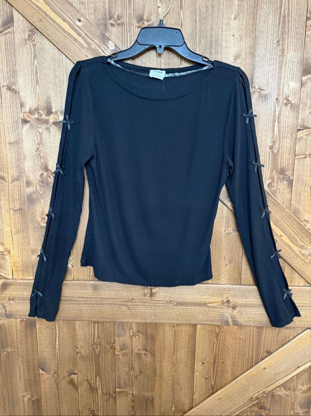 Cotton On Women’s Large Black Ribbed Bow Detail Long Sleeve Top NWT (9461)